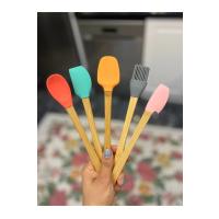 5'li Renkli Ahşap Saplı Silikon Uçlu Spatula Fırçalı Kaşık Seti -Yemek Hazırlık Seti 21 Cm